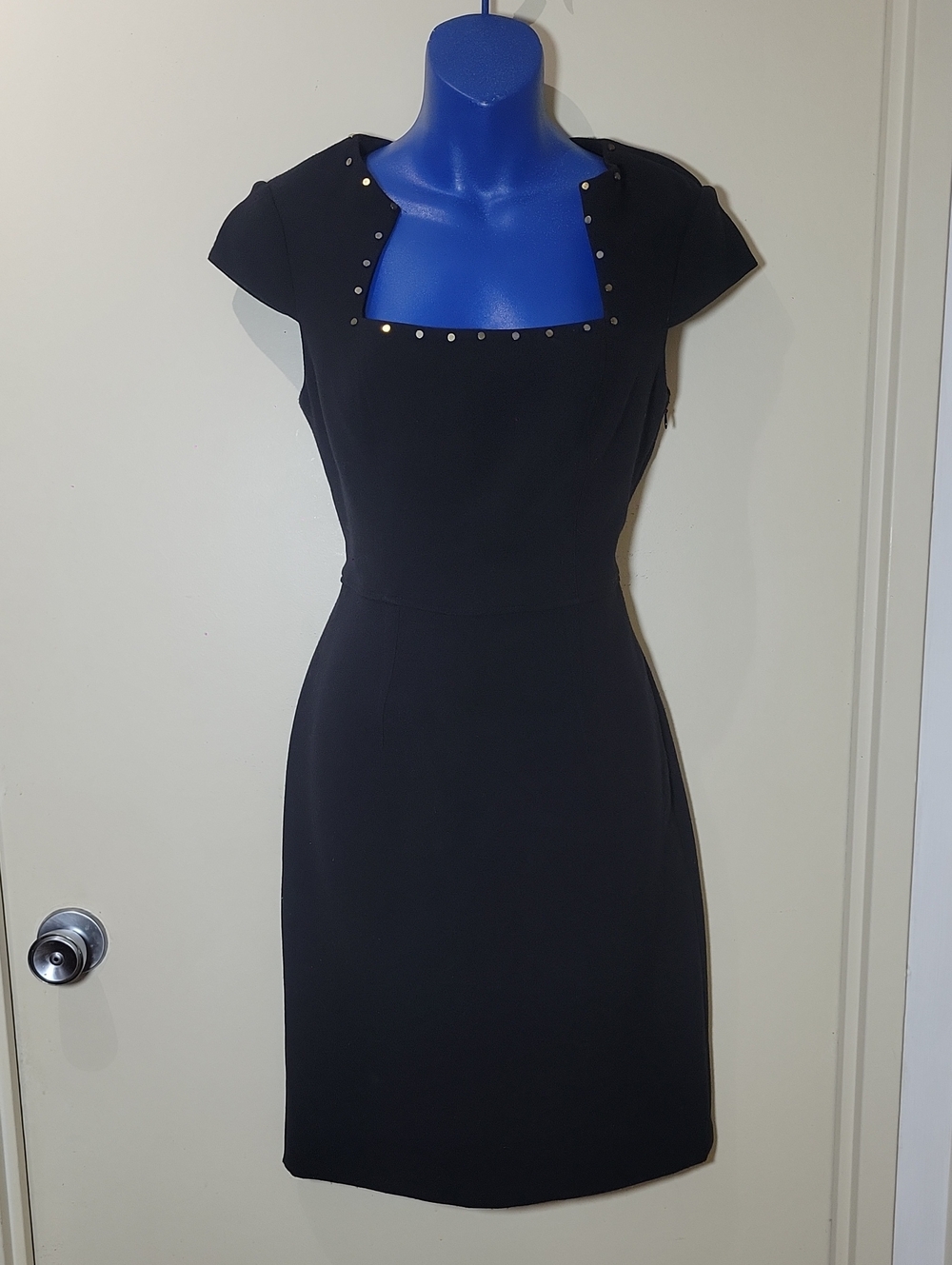 Black Cap-Sleeve Dress with Studded Square Neck